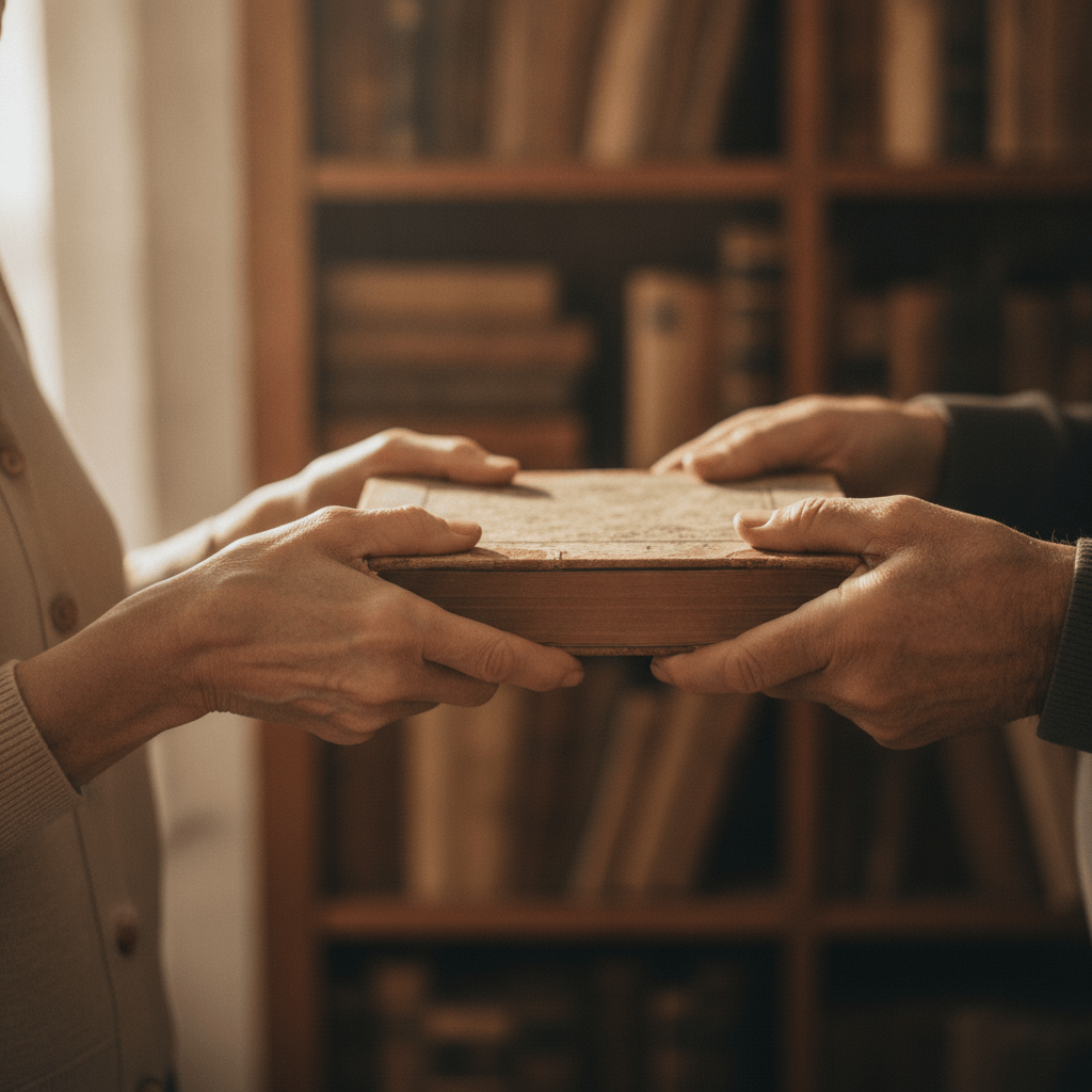 Büchertausch — zwei Hände reichen ein Buch weiter